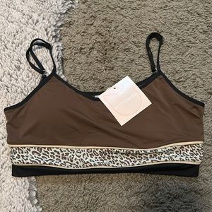 NWT KITTENISH, bikini top, adjustable spaghetti strap, brown with leopard detail